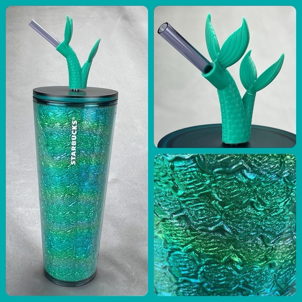 Starbucks Siren Mermaid 24 oz Cold Cup Iridescent Teal Tail Straw Top Tumbler